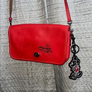 Red Leather Crossbody Bag with Mickey Mouse Charm